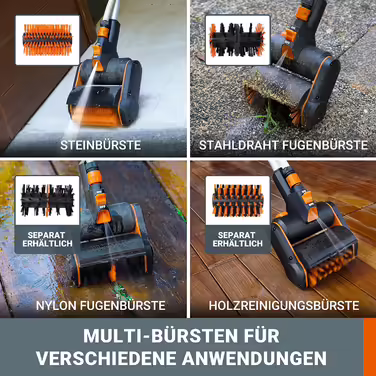 WORX WG441E.9 20V Cordless Multi-Brush - multifunctional surface brush for cleaning stone & wood surfaces & weed removal - integrated water connection - PowerShare compatible - without battery & charger