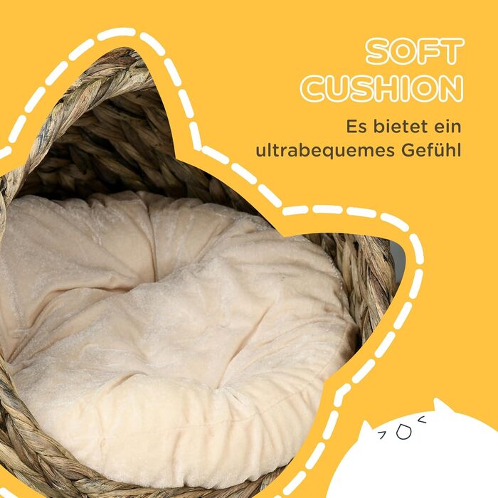 PawHut Rattan Cat Basket Cat Cave Cat House Cat Bed with Cushion Pet Bed Water Hyacinth 42 x 33 x 52 cm (42L x 33W x 52H cm, Coffee)