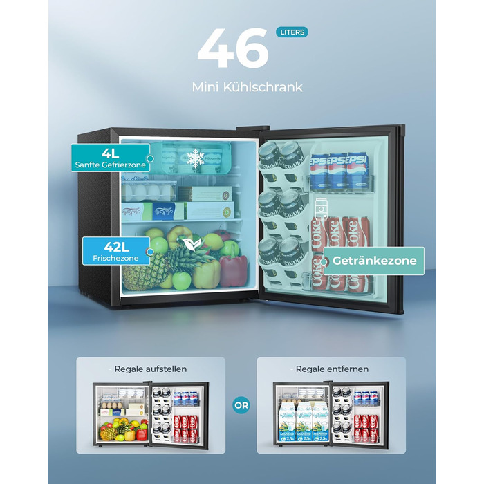 EUHOMY Міні холодильник 46L, компактний холодильник з регулюванням температури, тихий, енергоефективний для спальні/офісу, чорний