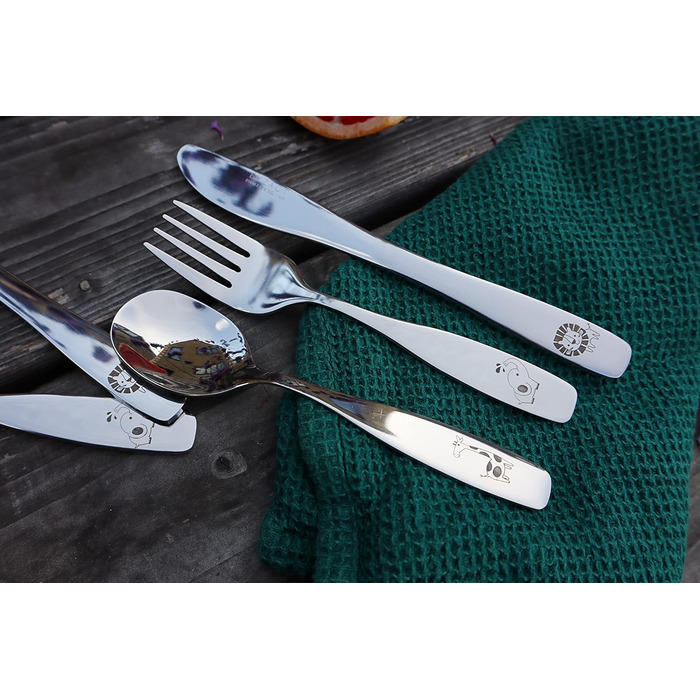 Набір дитячого столового прибору EXZACT Kinderbesteck Set 18-ти частинний з нержавіючої сталі для дітей від 2 років - з гравіюванням, придатний для миття в посудомийній машині (Safari X 18)