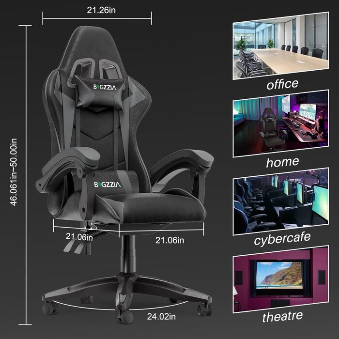 Геймерське крісло Bigzzia Ergonomic: з подушкою для попереку та голови, регульована висота, для комп'ютера, для дорослих та підлітків (сірий)