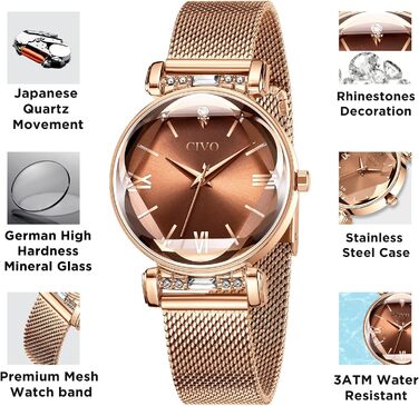 Жіночий годинник CIVO: водостійкий, мінімалістичний, кварцовий, кварцовий годинник для жінок (Y-3 рожеве золото)