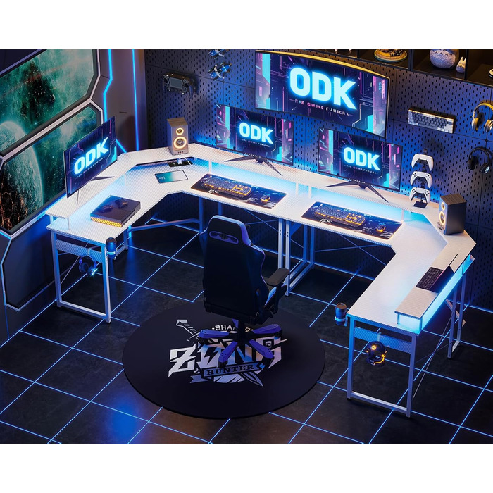 ODK Gaming Table with LED, Gaming Desk with 2 Outlets and 2 USB Charging Ports, PC Table Gaming with a Generous Monitor Stand, Gamer Desk in Carbon Fiber White, 129x129 cm