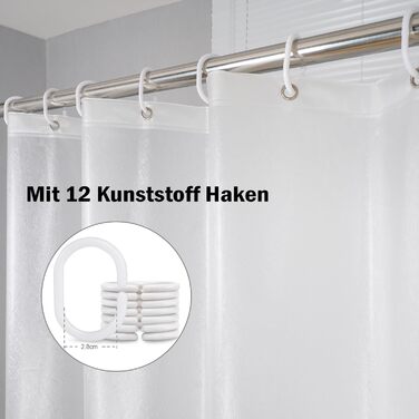 Шторка для душу AooHome 180x200 см, прозора, біла, з 5 магнітними важестями, 12 гачками, з рельєфним малюнком, водовідштовхувальна, антигрибкова, для ванни, для ванної кімнати