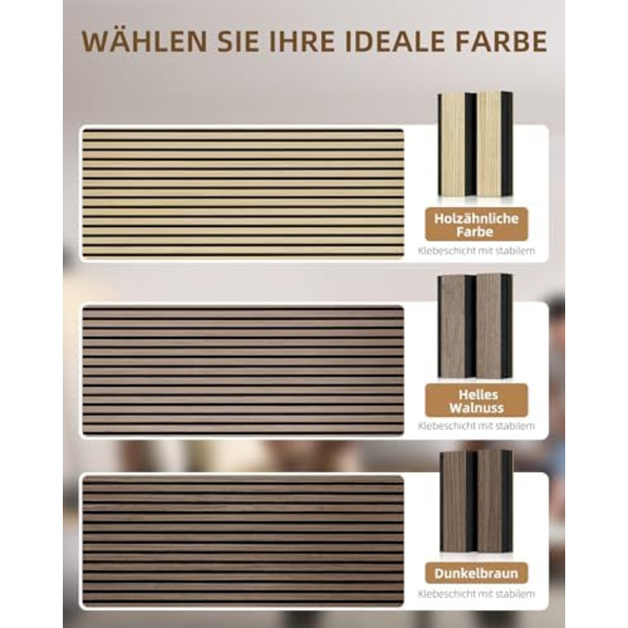 Акустичні настінні панелі JAMELO з шпоном дерева, самоклеючі 3D панелі для стін, стелі та дверей, колір горіх, 10 шт (30 x 15 x 1.2 см)