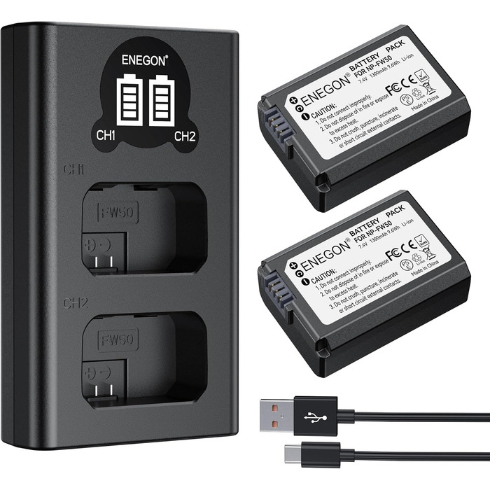 Акумулятор ENEGON NP-FW50 (2 шт. | 1300mAh) + LCD зарядний пристрій Dual USB для Sony ZV-E10, A6000, A7 та ін.