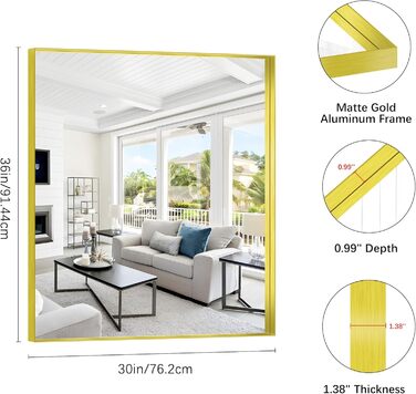 Дзеркало настінне прямокутне без рами 75x75 см, для ванної, спальні, вітальні, підвісне (золотий)