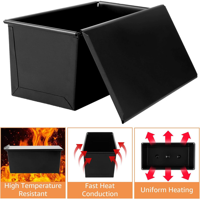 VIDETOL 2 Pack Loaf Pans with Lid, 450g Toast Bread Mold Non-Stick, Black Bread Box for Toast and Bread