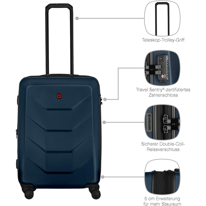 WENGER Pryo Hard Shell Suitcase with 4 Wheels, Trolley, Medium Size, 59 (67) L, Security Lock, for Men, Travel Vacation, 612537 (Blue, M)