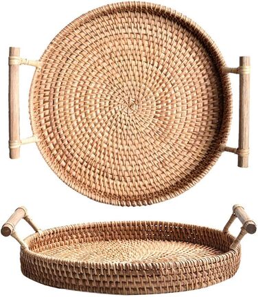 YANGQIHOME Rattan Round Serving Tray, Woven Basket Tray with Wooden Handles (32 cm)