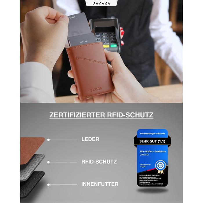 Чоловічий шкіряний гаманець Leder: тонкий, з відділенням для монет та RFID-захистом, вміщує 12 карт, колір коньяк