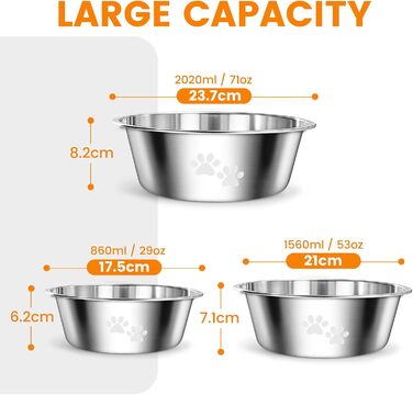 PETTOM Миски для собак з нержавіючої сталі, 2 шт. (3120 мл), миска для корму для собак великих, середніх та маленьких порід, миска для води з неслизьким силіконовим дном, розмір M - 21 см, срібний колір