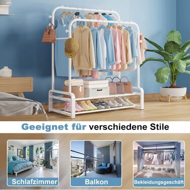 Freestanding clothes rack with double rod design, clothes hangers, 8 hooks, and 2 shoe shelves - Multifunctional wardrobe stand in white for the bedroom