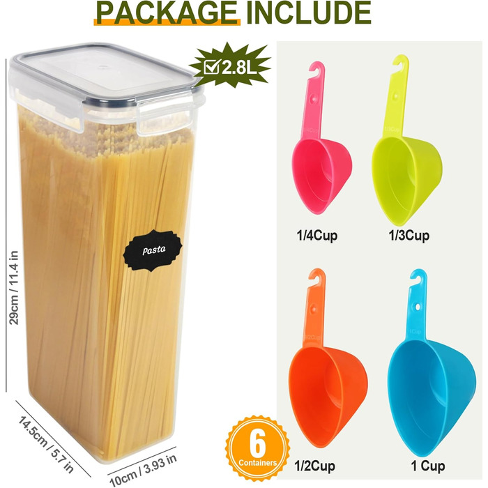 Набір контейнерів для зберігання Cinnani 2.8L (6 шт.) з кришкою, герметичні, BPA free, для круп, мюслі, макаронів, рису, борошна