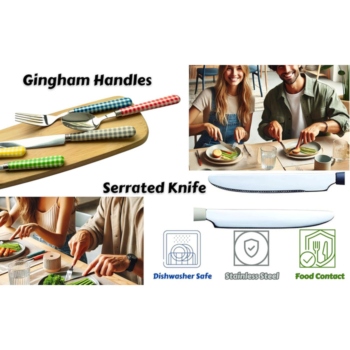 EXZACT Набір столових приборів з нержавіючої сталі 24 шт. - Ручки кольору Гінгем - 6 виделок, 6 ножів, 6 ложок, 6 чайних ложок (24 шт. сірого кольору)