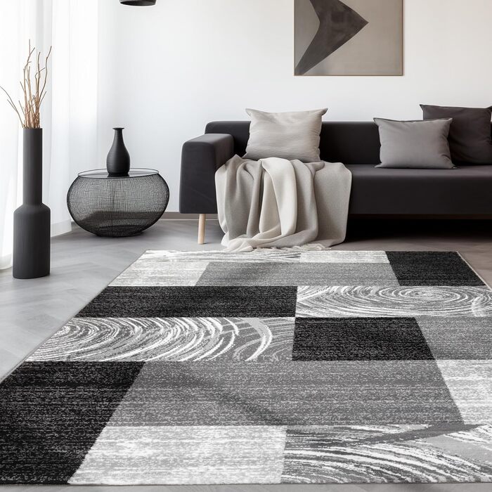 Килимок для вітальні, спальні, їдальні, коридору, кухні. Сучасний килим з геометричним візерунком, м'який, короткий ворс, легкий у догляді. Чорний, 140 x 200 см.
