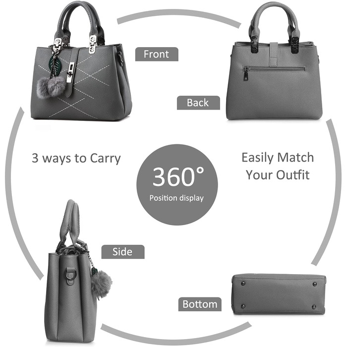 Сумка жіноча шкіряна NICOLE & DORIS 2025 чорна/сіра з помпоном та знімним ремінцем