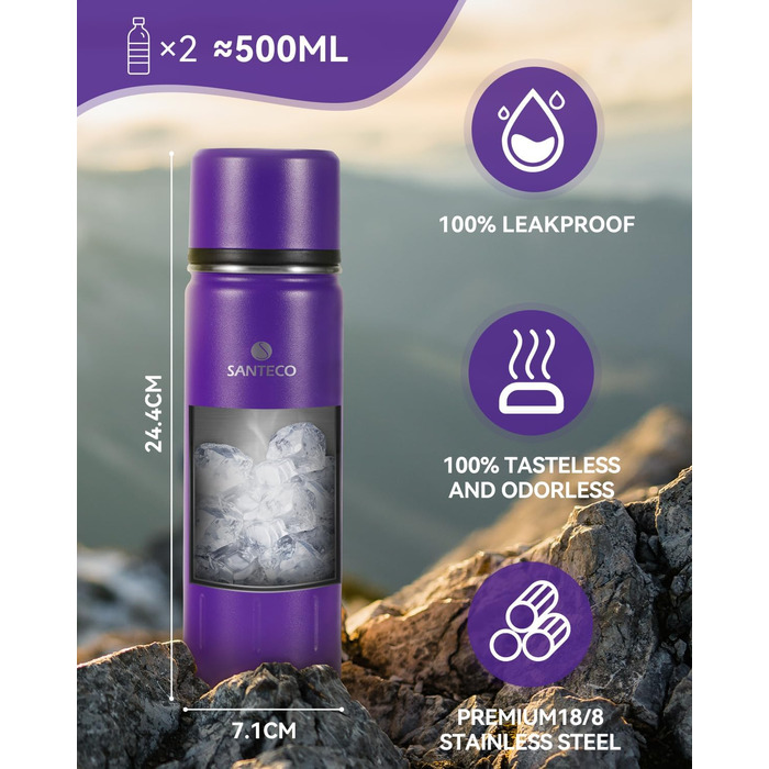 Термос-термокана з нержавіючої сталі SANTECO 1л, 500мл, не протікає, з кришкою-чашкою для подорожей. Термос для кави та чаю для дітей, спорту, без BPA, 24 години холод, 12 годин тепло (фіолетовий, 500 мл)
