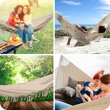 Гамак KRUMAD 260 см, до 250 кг, вологостійкий, бавовна-поліестер, для саду, балкону, кемпінгу, з дерев'яними розпірками та сумкою (Бежевий, 150x200 см)