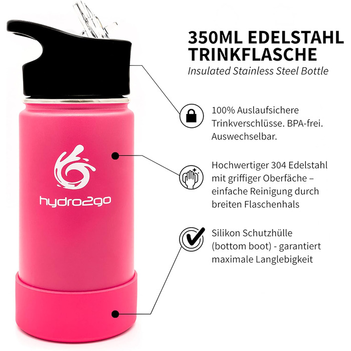 Stainless Steel Kids' Water Bottle - BPA-Free Thermos Flask with 2 Leak-Proof Caps (Straw & Sports) - 350ml (Pure Pink)