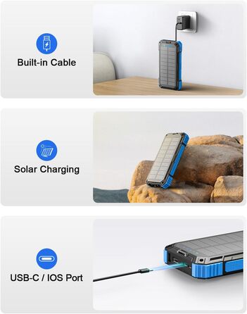 Сонячний повербанк 26800 mAh з 4 кабелями, швидка зарядка USB-C, Qi бездротова зарядка, LED ліхтарик - для телефонів, планшетів, кемпінгу (Синій)