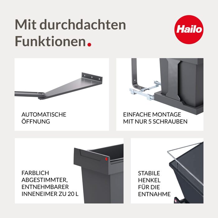 Hailo Solo Automatic Waste Bin - 20 Liter, Anthracit - Cabinet Mount, Drawer Pull-Out Waste Container