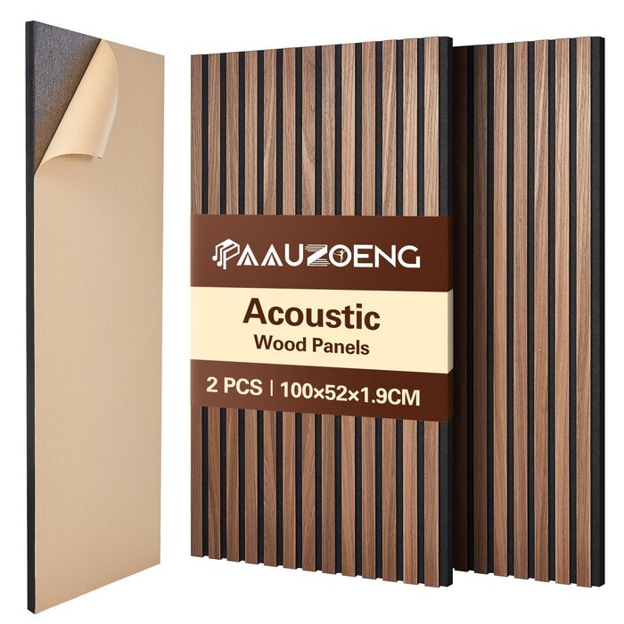 Акустичні панелі з дерев'яного шпону самоклеючі, набір 2 шт. 100x52 см, звукопоглинаючі стінові панелі для шумоізоляції та декору вітальні, офісу, коричневі