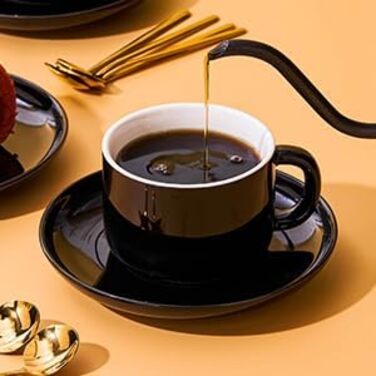 Набір кавових чашок і блюдець з ложками, 4 шт., 220 мл, кераміка, чорний колір. Чашки капучіно для чаю та еспресо