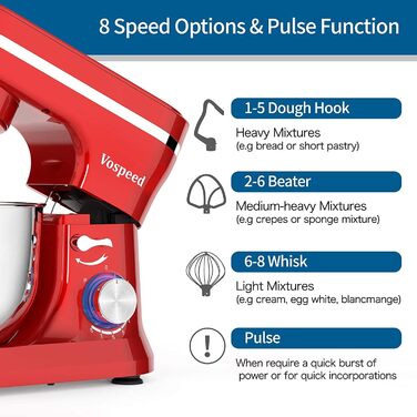Кухонна машина Vospeed (червона), тістоміс 5QT, 8 швидкостей, чаша з нержавіючої сталі, набір насадок (гак, вінчик, міксер), придатна для мийки в посудомийній машині