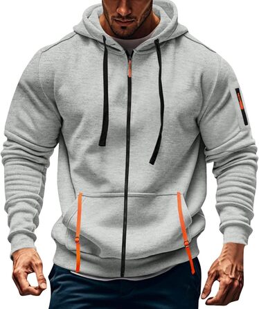 Світшот з капюшоном Aulemen для чоловіків з блискавкою, лангрукав, slim fit, декілька кишень, для повсякденного носіння та спорту, сірий, 3XL