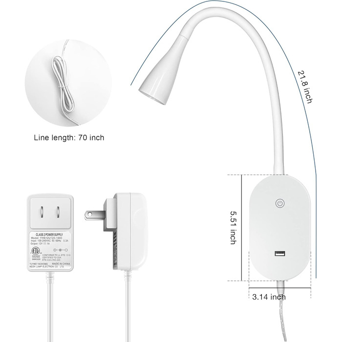Нічник-лампа для читання Wandleuchte з USB, 5 рівнів яскравості, сенсорне керування, гнучкий кронштейн, білий