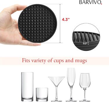 BARVIVO Coasters by Barvivo, Set of 8 Silicone Coasters in Black with Triangles - Drink Coasters to Protect Wood, Glass, or Marble Surfaces - Cup Coasters