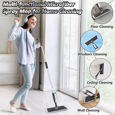 Швабра з розпилювачем MANGOTIME: мокрою шваброю для миття підлоги з баком та 4 накладками. Підходить для більшості типів підлоги. Чорний колір.