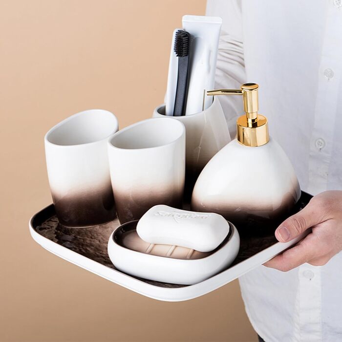 Набір аксесуарів для ванної кімнати 4 шт. Сірий, з дозатором мила, мильницею та 2 стаканчиками для зубних щіток, з малюнком 