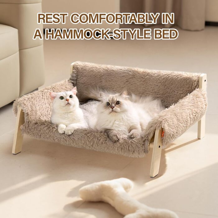 MEWOOFUN Elevated Cat Bed Sofa made of Wood, Sturdy Large Cat Sofa – Fashionable Cat Stool with Removable Mattress Cover. Supports up to 10 kg (70x53cm, Light Brown)