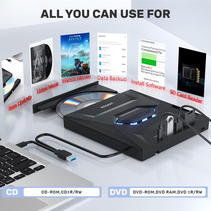 Зовнішній CD/DVD привід UNITEK USB-C/USB 3.0 з картридером SD та USB-хабом, портативний DVD-плеєр та записувач CD-ROM для ноутбука, ПК, Windows, Linux, macOS, чорний