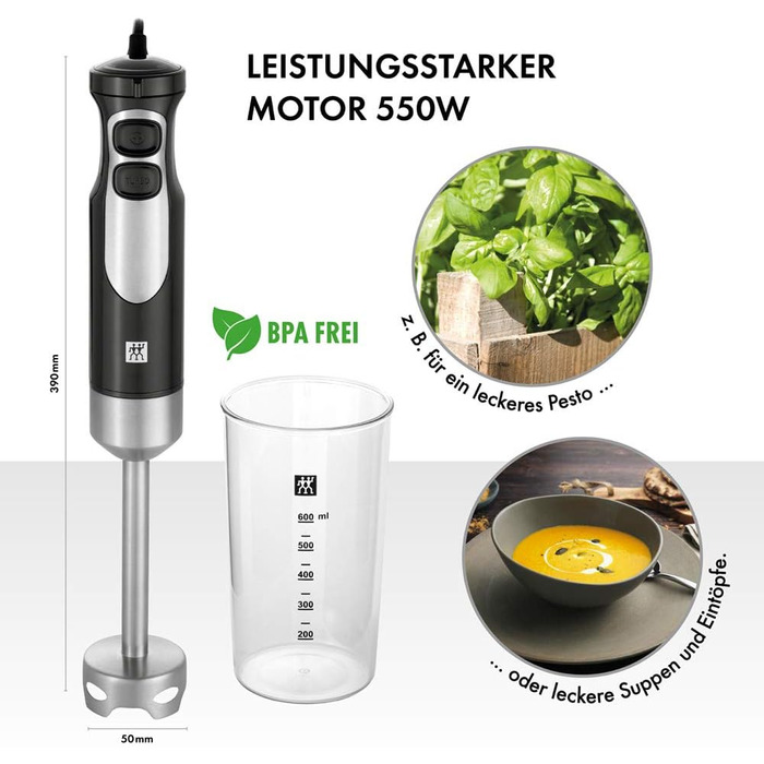 Блендер ZWILLING Stabmixer 550 Вт з мірним стаканом 600 мл, нержавіюча сталь 18/8