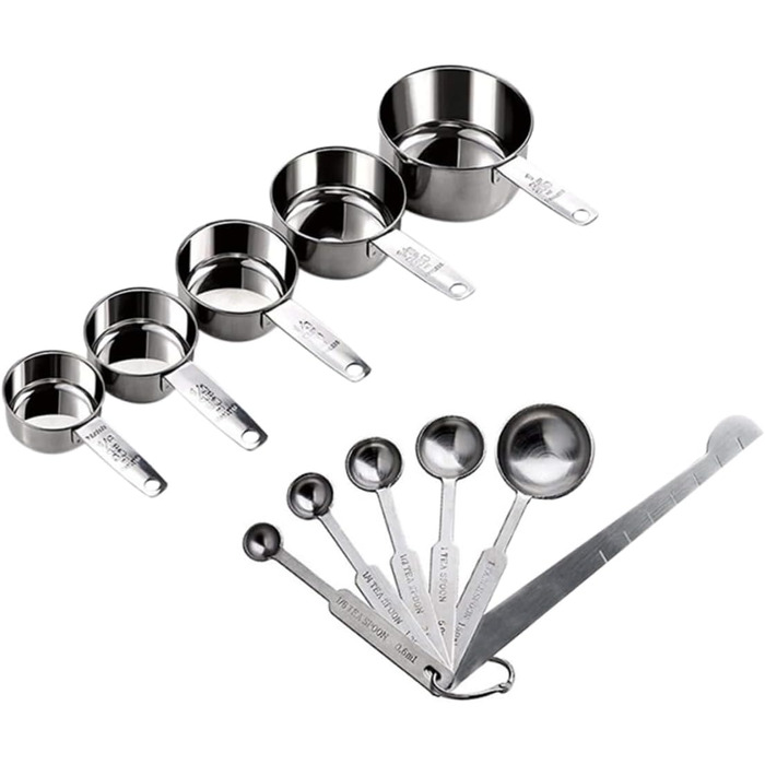 2 Measuring spoons, baking, kitchen machine, cookware, kitchenware, cookrings, saucer, kitchen scales, measuring cup, measuring spoons (scaled, graduated), stainless steel, silver.