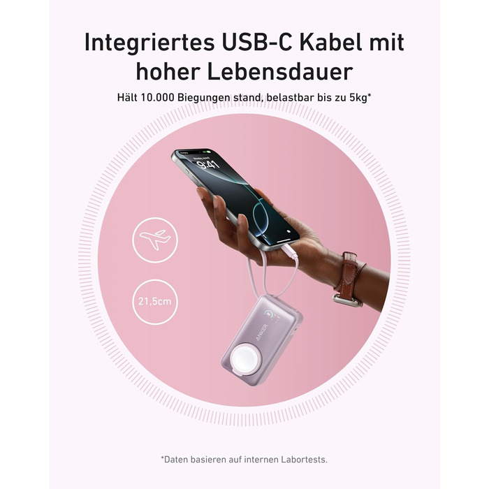 Повербанк Anker MagGo 10000mAh для Apple Watch та iPhone 17/16/15, Samsung, iPad, AirPods, вбудований кабель USB-C, 35W Max, сертифікований, Рожевий