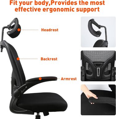 Ергономічне крісло для офісу HANGHAIGO, чорне, з підголівником, підлокітниками та підтримкою попереку, регулювання висоти, функція гойдання 90°-120°, максимальне навантаження 150 кг