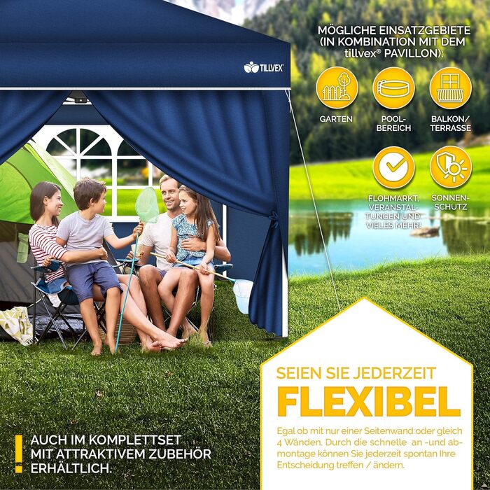 tillvex® for 3x3m Pavilion | Folding Pavilion Side Panels Water-Repellent | Side Windows & Zipper | Side Walls for Garden Tent Party Tent (4x Side Wall, Blue)