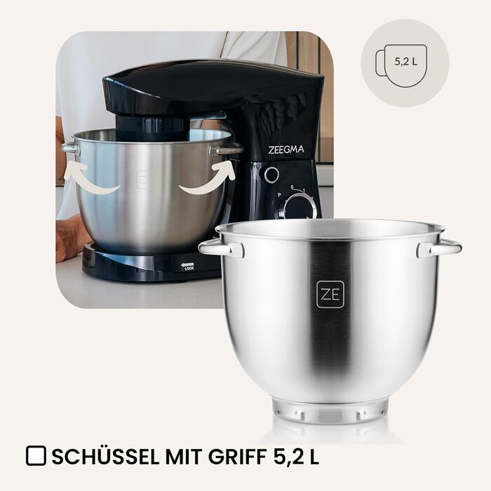Кухонний комбайн ZEEGMA PLANEET EASY 1500W, 5.2 л, 10 швидкостей, з набором насадок (міксер, гачок, вінчик), чорний
