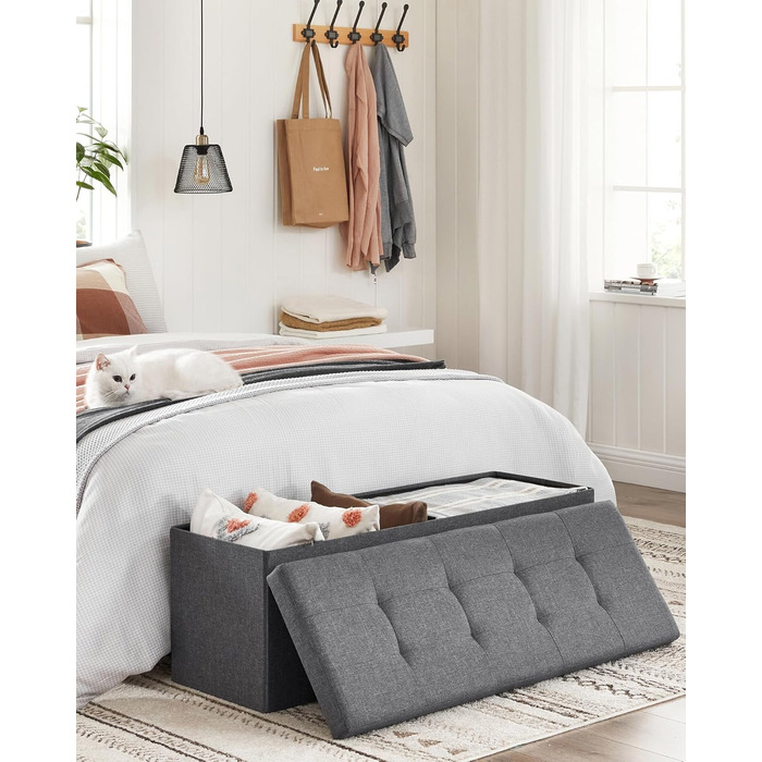 SONGMICS Storage Ottoman, Folding Bench, 38 x 110 x 38 cm Footstool, Storage Box, Load Capacity up to 300 kg, for Living Room, Bedroom, Entryway, Slate Grey LSF77K 110B cm Slate Grey