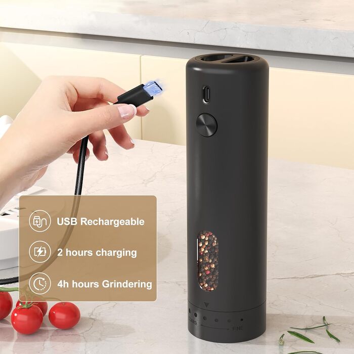 Електричний набір для солі та перцю з зарядною станцією, об'єм 110 мл, перезаряджувана солянка з 5 рівнями, керамічна млинка з щіткою (1 шт. чорний)