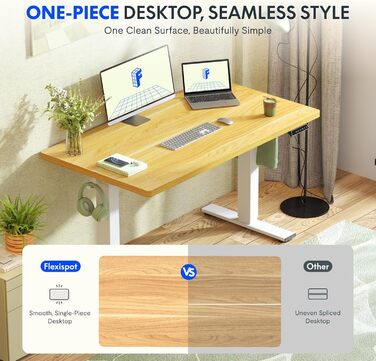Регульований за висотою стіл FLEXISPOT 160x80 см з гачками, 25 мм стільниця, LED-дисплей та функція пам'яті (Акорн, Білий)