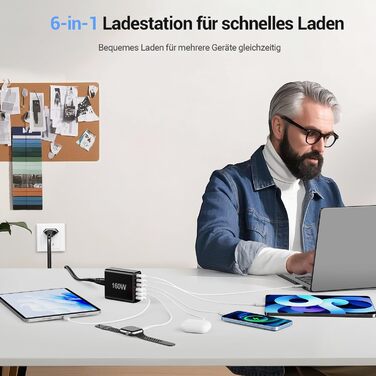 Зарядний пристрій USB 160W, 6 портів (USB-C, USB-A) – мережевий адаптер для ноутбука, смартфонів, iPad, навушників, чорний