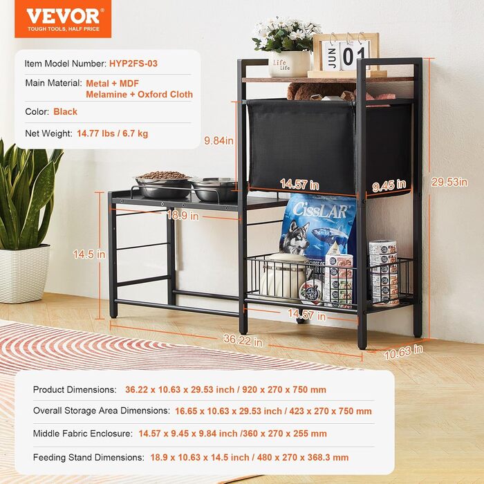 Підставка для корму для собак VEVOR, 92 x 27 x 75 см, з піднятими мисками, для великих, середніх та маленьких собак
