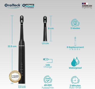 Звукова електрична зубна щітка OSONIC: 8 насадок, 5 режимів, відбілювання за 2 тижні, таймер, IPX8, для дорослих та дітей, USB-зарядка, чорна