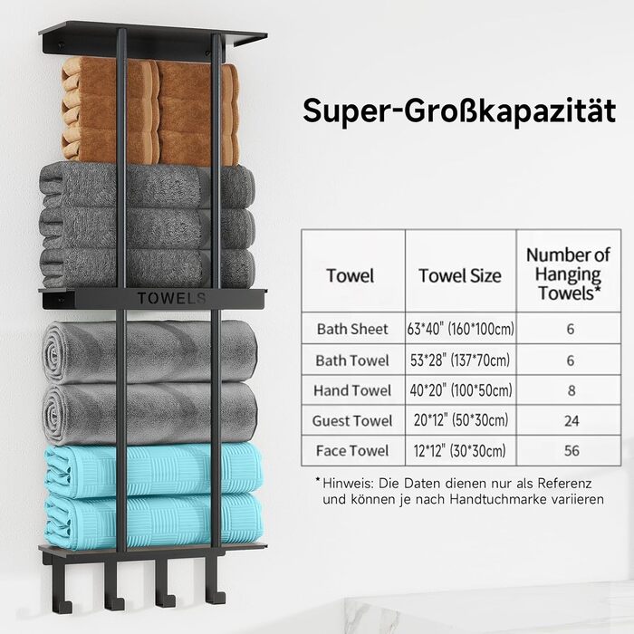 Чорний триярусний тримач для рушників з металевою полицею та 4 гачками, 86 см