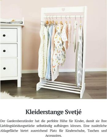 Puckdaddy Svetje | Clothes Rack 60x30x120 cm | Clothes stand made of pine wood in vintage design in white | Modern coat rack for baby and children's rooms | With practical shoe storage